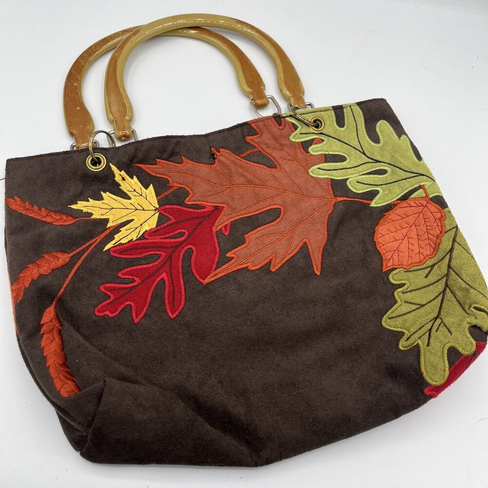 Vintage Sonoma Fall Autumn Tote Bag Embroidered Leaf Applique Wood Handles Brown